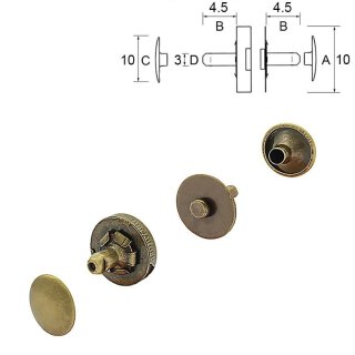 Metall Magnet-Knopf - Antikes Messing 10 mm