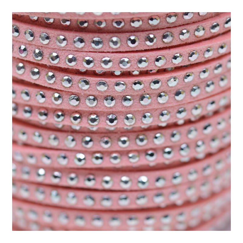 Kunst-Wildlederband mit silber Cabochons 3 x 2mm rosa, Rolle à ca.18.5m