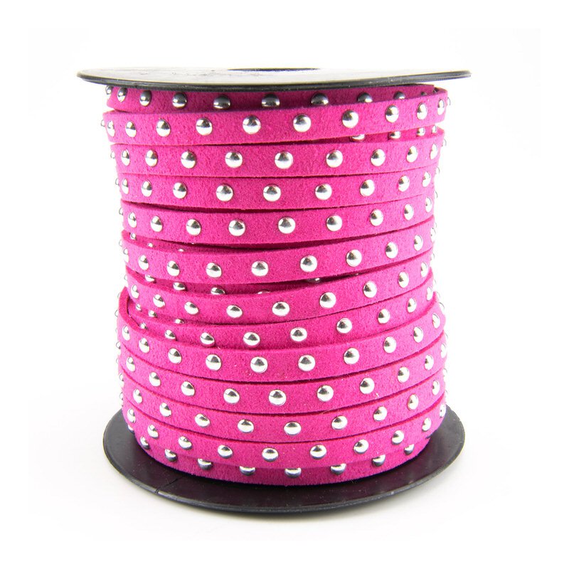 Kunst-Wildlederband mit silber Cabochons 4.5 x 2mm pink, Rolle à ca.18.5m